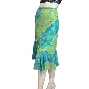 Vintage 90s Y2K Turquoise Lime Floral Paisley Print Asymmetrical Hem Skirt Sz S